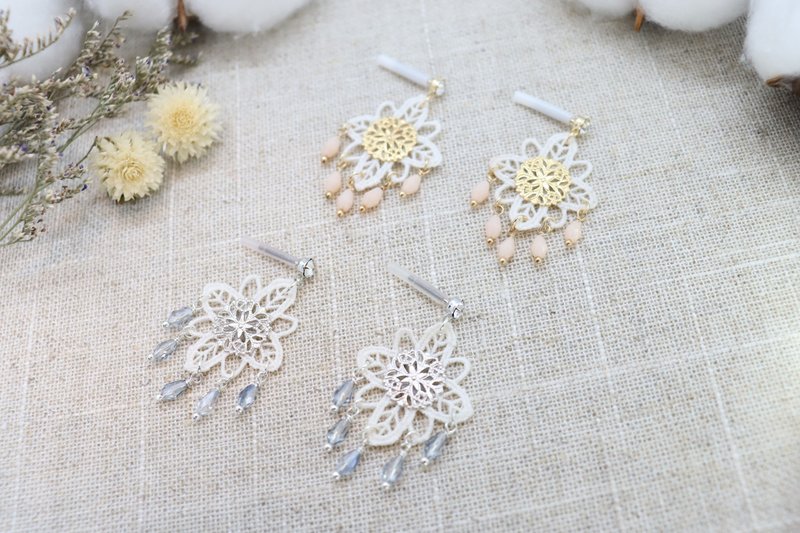 White Silk Lace & Crystals Unique Chandelier Titanium Post Earrings - 耳環/耳夾/耳骨夾 - 絲．絹 