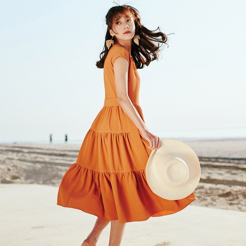 安妮陳2017夏裝新款女士褶皺雙門襟連身裙洋裝 - 連身裙 - 聚酯纖維 橘色