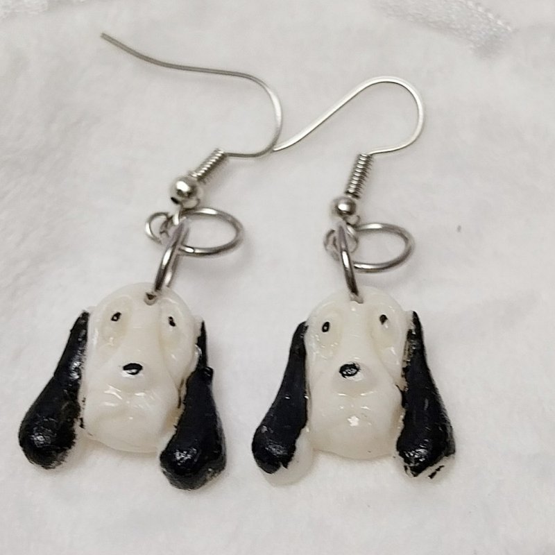 White Black Dog Earring Handmade Air Dry Clay Eco Friendly Stainless Hook - Earrings & Clip-ons - Clay White