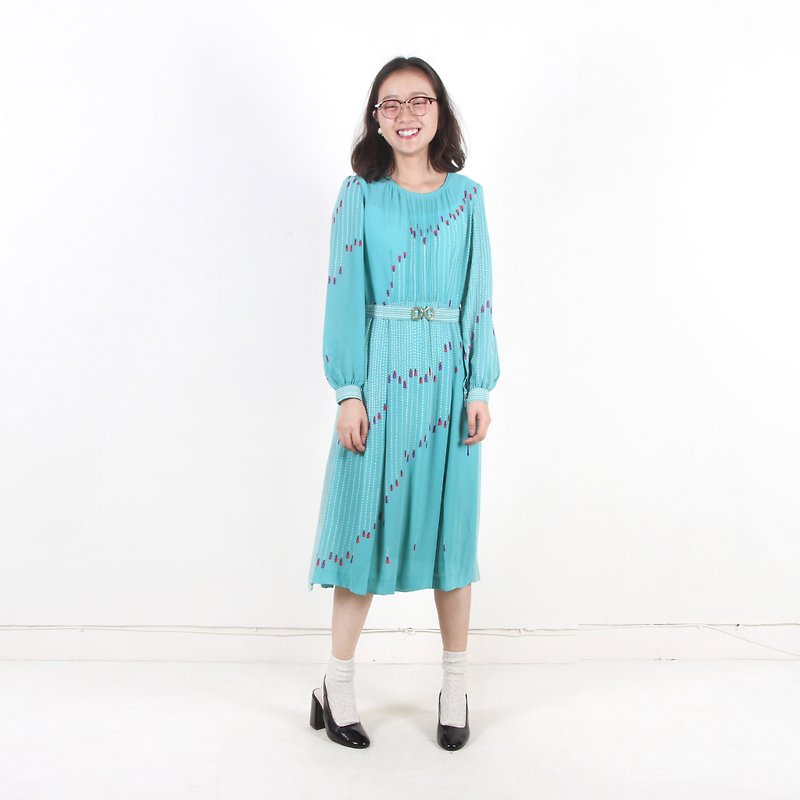 Egg plant vintage] Lake flower spike printing long-sleeved vintage dress - One Piece Dresses - Polyester Blue