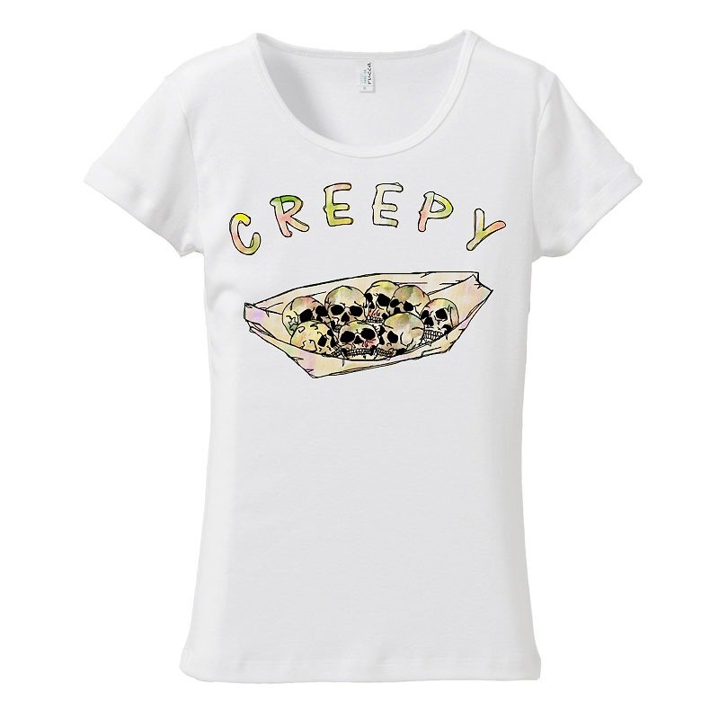 [Women's T-shirt] Creepy takoyaki - เสื้อยืดผู้หญิง - ผ้าฝ้าย/ผ้าลินิน ขาว