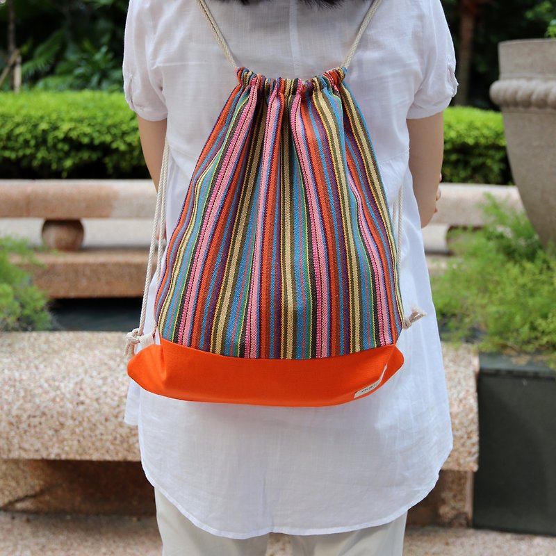 Drawstring Backpack / Drawstring Bag / Drawstring Pocket ~ Colorful Ethnic Strips (B5) - กระเป๋าหูรูด - ผ้าฝ้าย/ผ้าลินิน สีส้ม