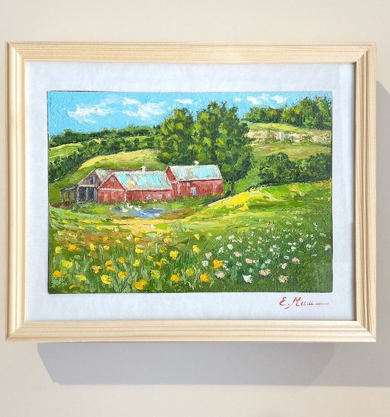 Green landscape, Oil painting, Summer fields, Impressionism art, Wall decor idea - ตกแต่งผนัง - วัสดุอื่นๆ สีเขียว