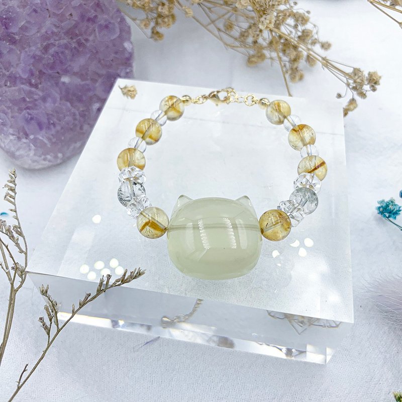 Lucky Big Cat/Lemon Crystal Citrine Green Ghost White Crystal Crystal Bracelet - สร้อยข้อมือ - วัสดุอื่นๆ สีทอง