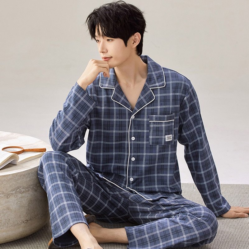 Pink Lady 男款 紳士格紋 長袖成套睡衣 棉質秋冬兩件式居家服 - 睡衣/居家服 - 其他人造纖維 藍色