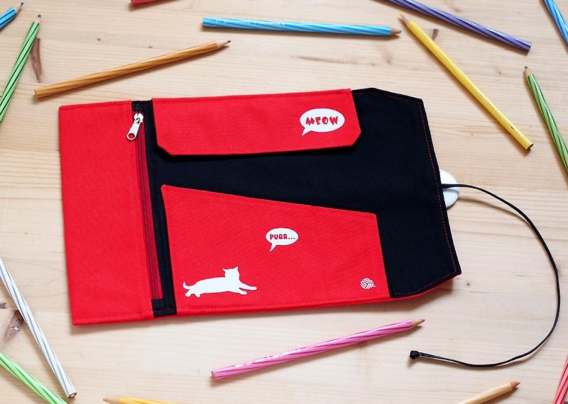 Coquetry cat pencil case (red) - กล่องดินสอ/ถุงดินสอ - ผ้าฝ้าย/ผ้าลินิน สีแดง