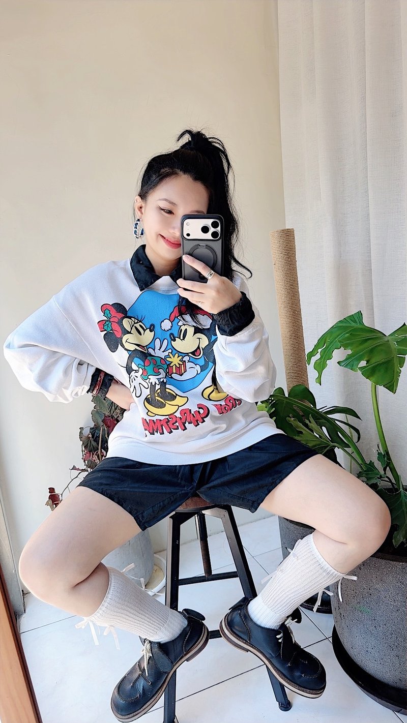 U.S.A. sweatshirt 米奇米妮迪士尼系列 寬鬆大尺寸古著大學T衛衣 - 帽T/大學T - 棉．麻 白色
