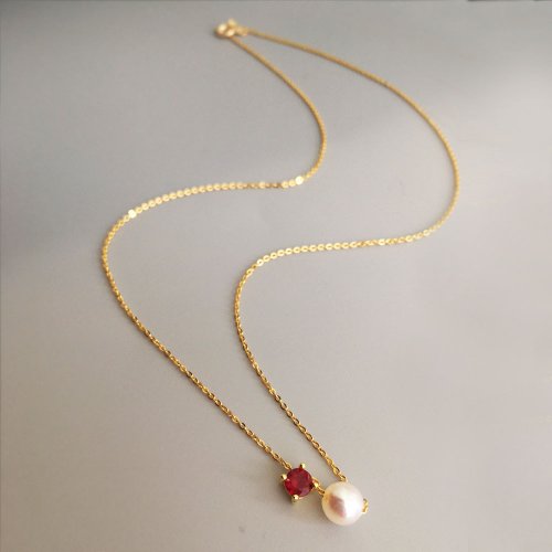 K10/SV925 Ruby Necklace, July Birthstone, Akoya Pearl Dainty