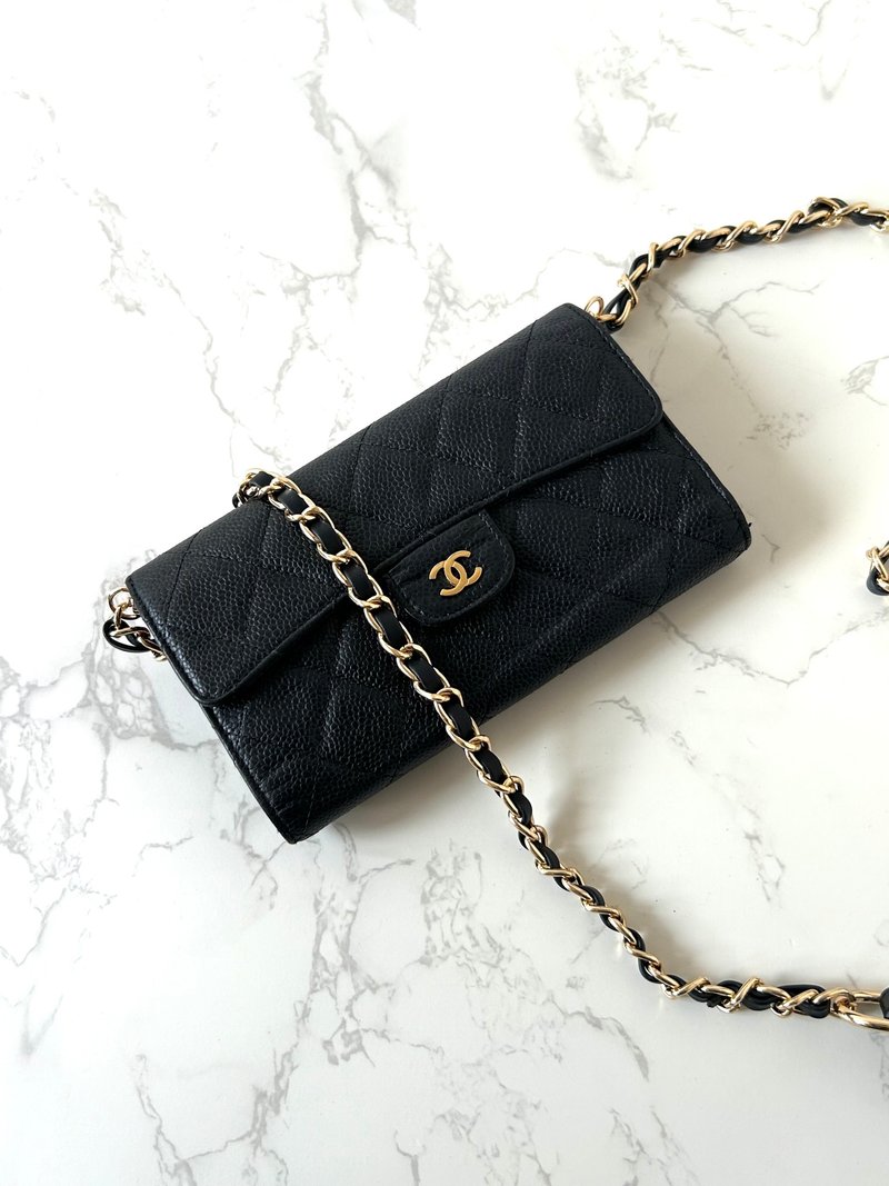 Second-hand Chanel black caviar leather long silver wallet side crossbody single shoulder long clip handbag WOC - กระเป๋าแมสเซนเจอร์ - หนังแท้ สีดำ