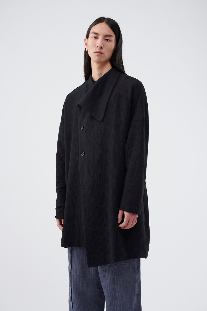 (微瑕疵福利品出清) TRAN - 雙層布和式不對稱外套 - 男夾克/外套 - 棉．麻 黑色
