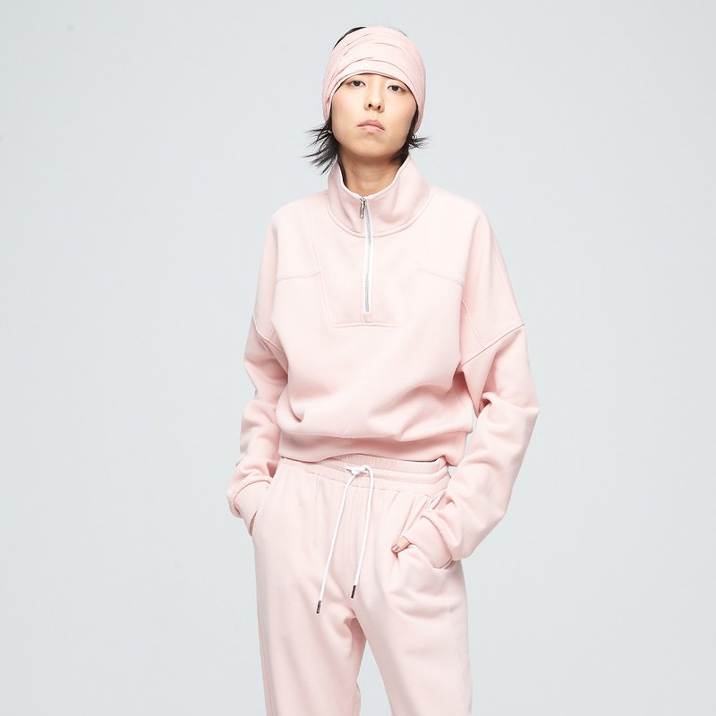 Standing Collar Short Zip Sweater (Female) - Soft Rose Powder - เสื้อผู้หญิง - เส้นใยสังเคราะห์ สึชมพู