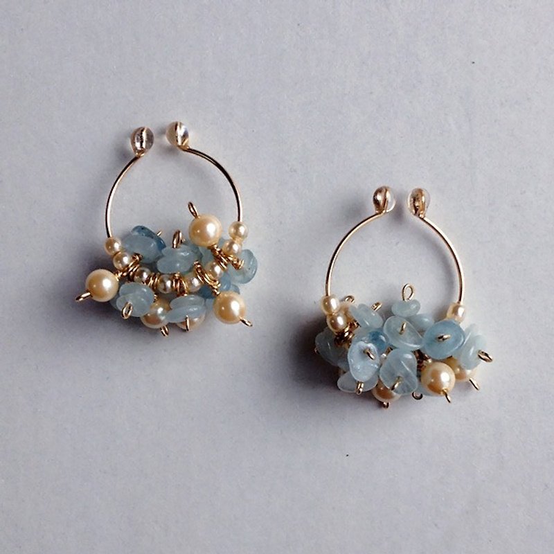 14 kgf aquamarine and vintage glass pearl hoop earrings ear lip ii - 507 - ต่างหู - เครื่องเพชรพลอย สีน้ำเงิน