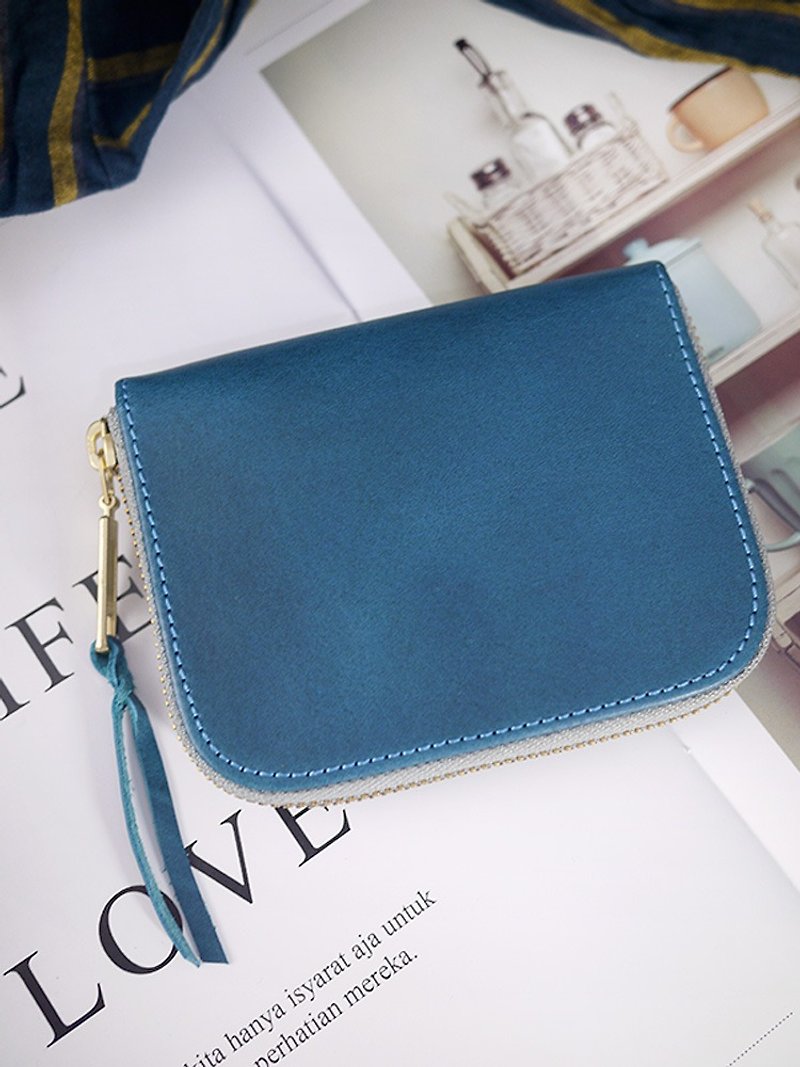 【Mother's Day】【Customized Engraving】Türkiye Blue. Vegetable tanned leather short clip/wallet/wallet - Wallets - Genuine Leather Blue