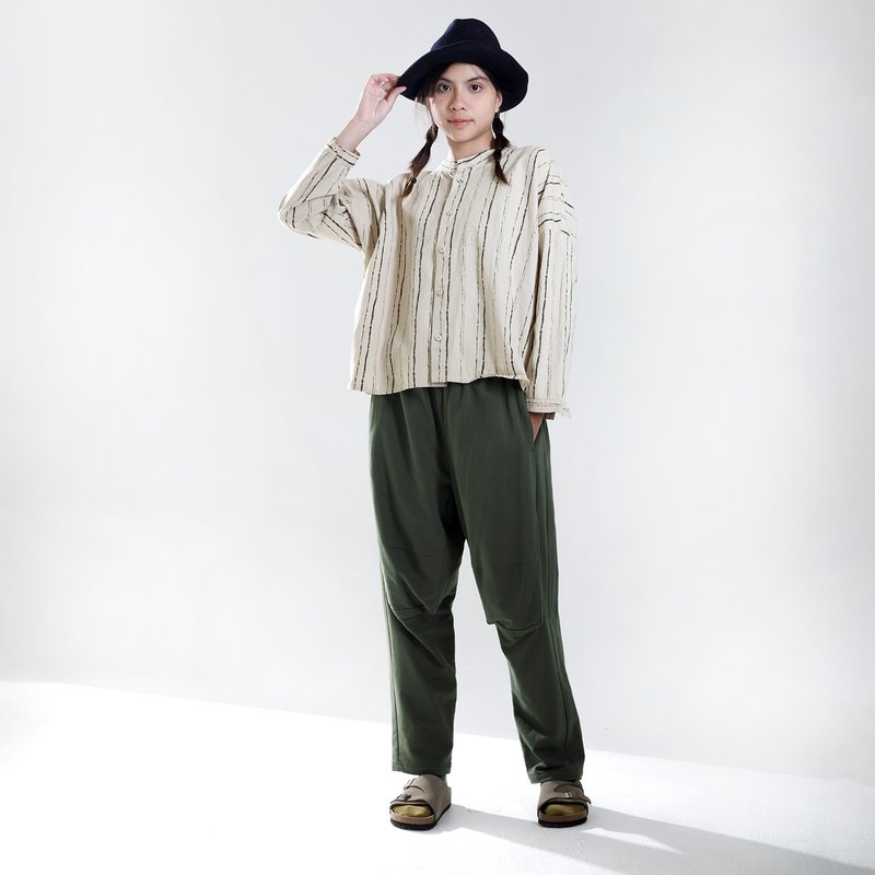 square draped cut casual pants - Unisex Pants - Cotton & Hemp Green