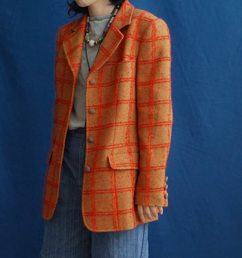 Earthy orange plaid blazer retro vintage - เสื้อสูท/เสื้อคลุมยาว - ขนแกะ สีส้ม