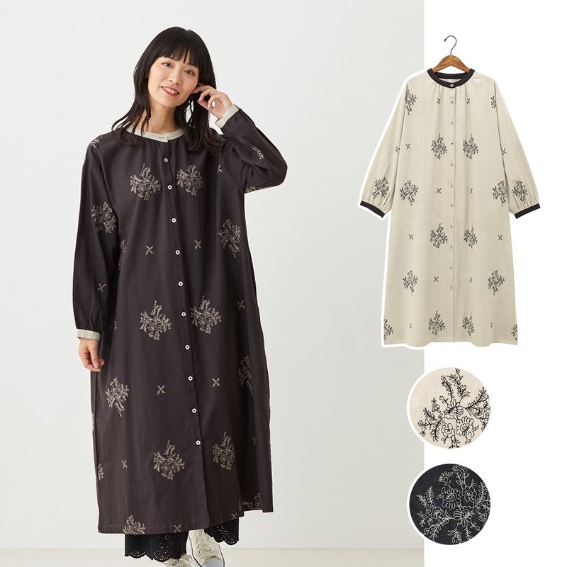 【預訂】印度製 拼色混麻花朵刺繡長袖連身裙 - 洋裝/連身裙 - 棉．麻 黑色