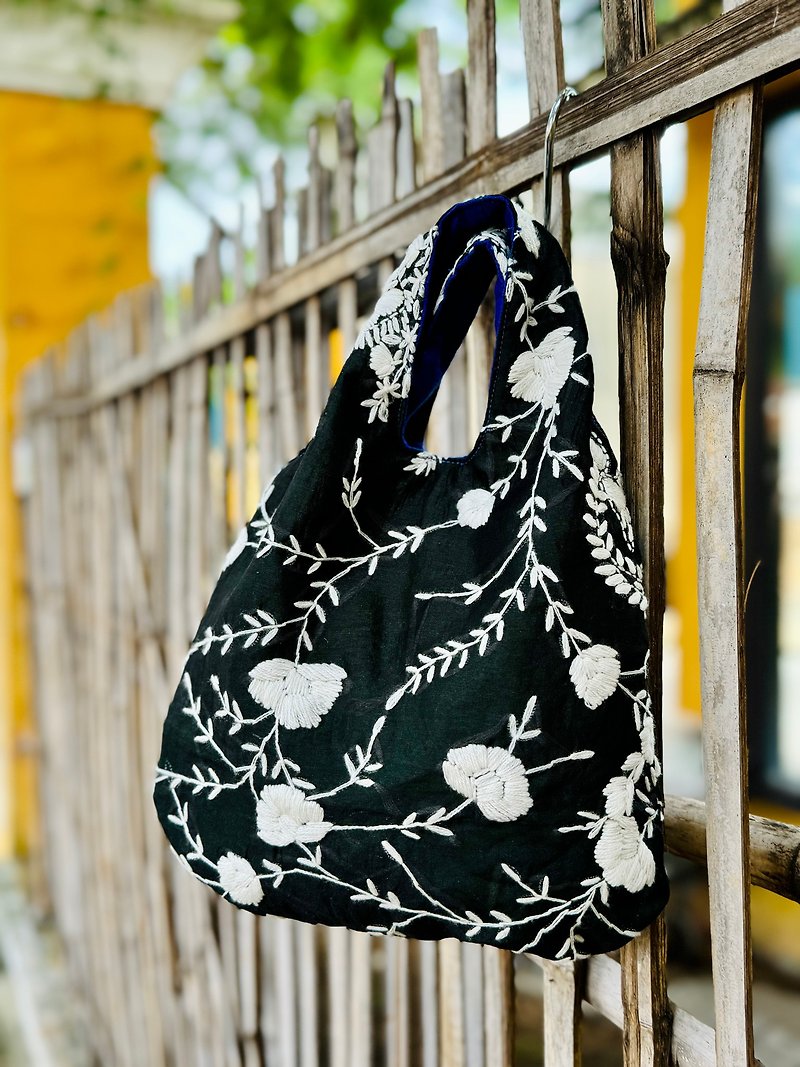 Hand embroidered black floral handbag tote bag - Handbags & Totes - Silk Black