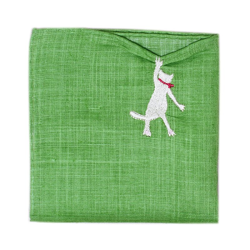 HIKKOMI cat Green handkerchief 41 x 41cm, 50% cotton, 50% linen, made in Japan - Handkerchiefs & Pocket Squares - Cotton & Hemp Green