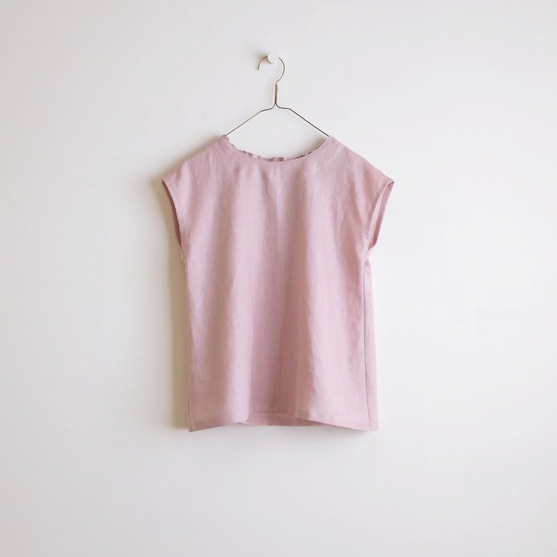 日常手作服  復古灰粉色法式小袖鬆緊短罩衫  亞麻 偏小版型