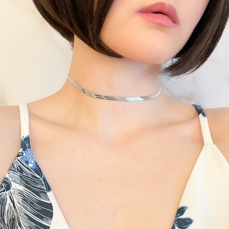 Silver / Wide herringbone chain choker necklace SV449S - สร้อยติดคอ - โลหะ สีเงิน