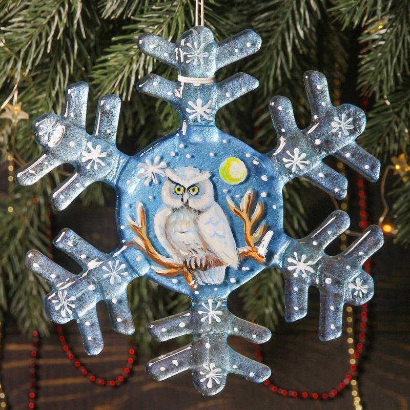 Snowy Owl 3D Snowflake  - Large Christmas Ornament - Hand Painted Decor - 擺飾/家飾品 - 玻璃 藍色