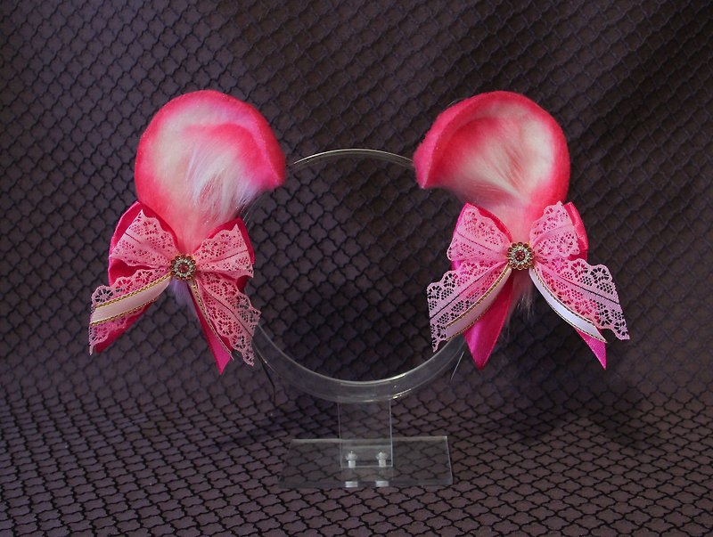 Realistic faux fur  mouse bear raccoon ears pink headband for cosplay