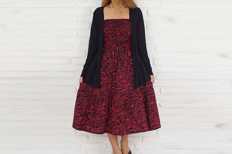 Adult cute hibiscus print tiered dress <Red> - One Piece Dresses - Other Materials Red