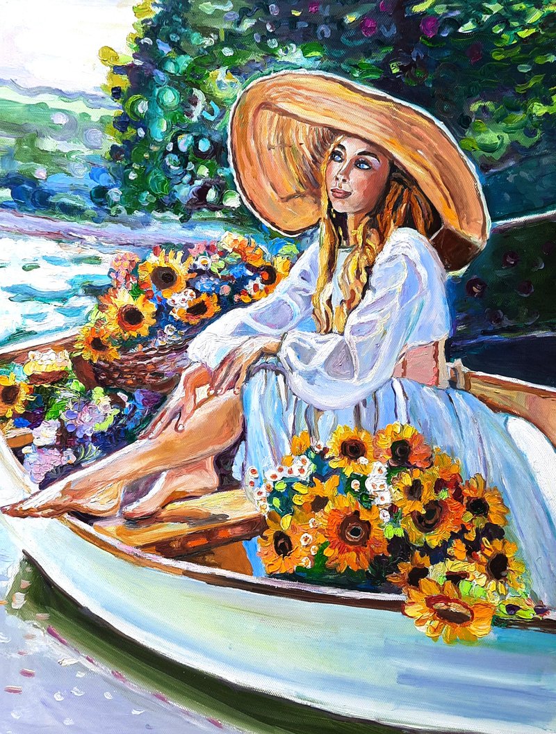 Woman  Painting   Original Art 油畫 Oil Painting Oil on Canvas Wall Decor - 壁貼/牆壁裝飾 - 其他材質 藍色