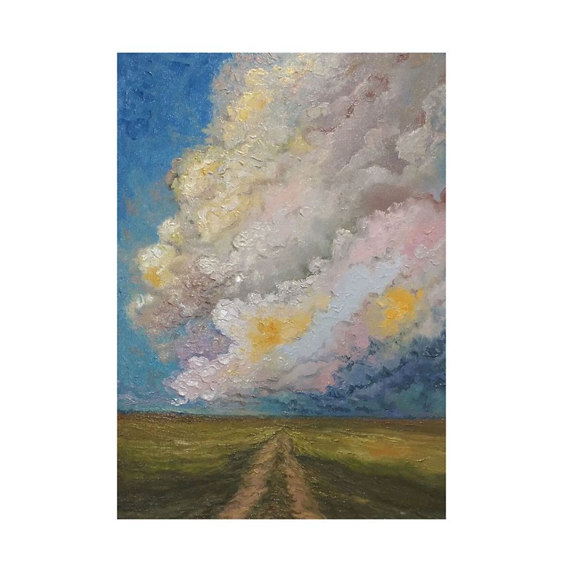 Clouds Landscape Oil Painting,Original Artwork,Field Landscape Painting,Wall Art - ตกแต่งผนัง - วัสดุอื่นๆ สีน้ำเงิน