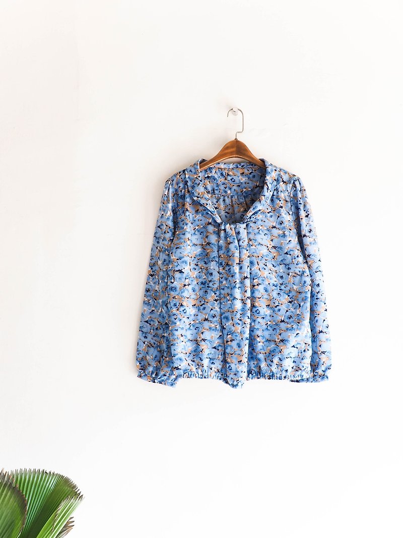 River Water Mountain - Yamaguchi Horizon Pure Blue Ocean Line Antique Silk Shirt Tunic Coat shirt oversize vintage - Women's Shirts - Silk Blue