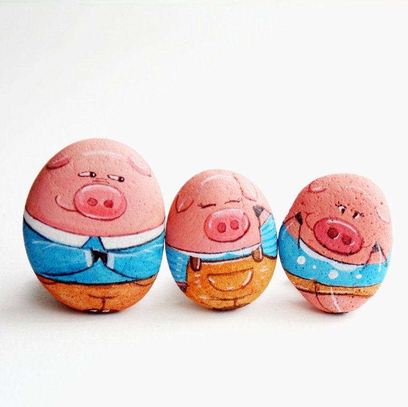 Pig family Stone Painting. - Other - Stone Pink