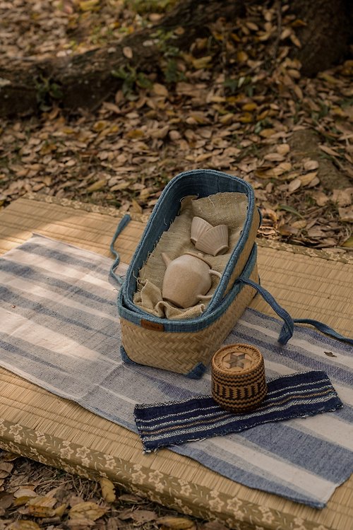 洋嘎-天然染織居家生活 和氣 -竹編手織布茶具收納盒/茶道具-天藍