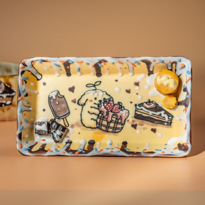 Adorable hand-painted ceramic tray dog strawberries sweet treats Perfect gift - จานและถาด - ดินเผา สีส้ม