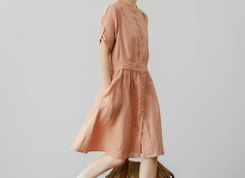French retro girly scroll temperament stand Linen dress - One Piece Dresses - Cotton & Hemp Orange