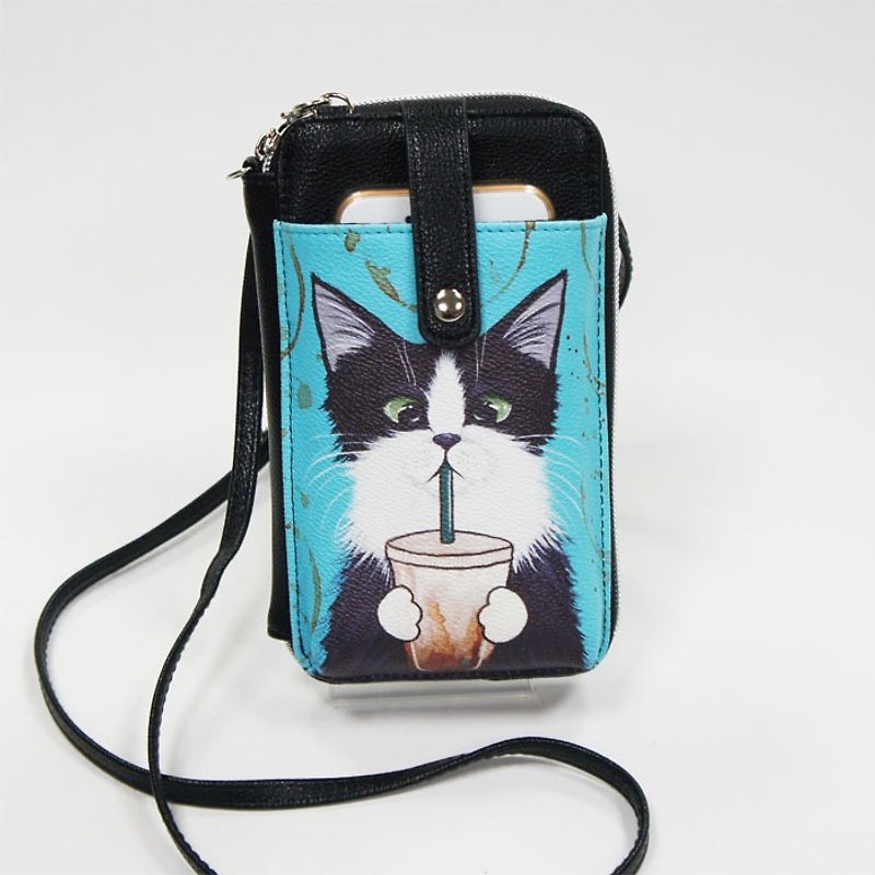 愛喝飲料的貓咪童趣護照手機包/錢包兩用斜背包 藍黑色 - 愛雪莉 - 側背包/斜孭袋 - 人造皮革 黑色