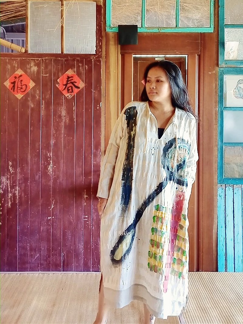 [Yu Ling Hui] Pure hand-painted natural cotton strap dress I handmade clothing - ชุดเดรส - ผ้าฝ้าย/ผ้าลินิน 
