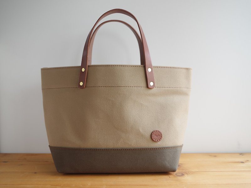 Leather Handle Canvas Tote Back - Handbags & Totes - Cotton & Hemp Khaki