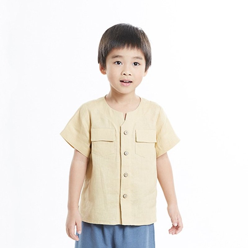 L0273 boys small V port short-sleeved collarless shirt - light orange - อื่นๆ - ผ้าฝ้าย/ผ้าลินิน สีเหลือง