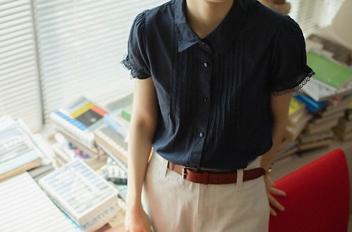 三良洋貨 法式復古 少女褶襉工藝棉質蕾絲短袖襯衫