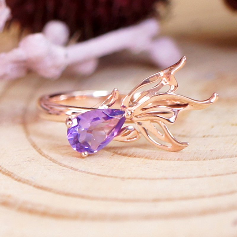 金魚 - 紫水晶 純銀 電 18K 玫瑰金 戒指