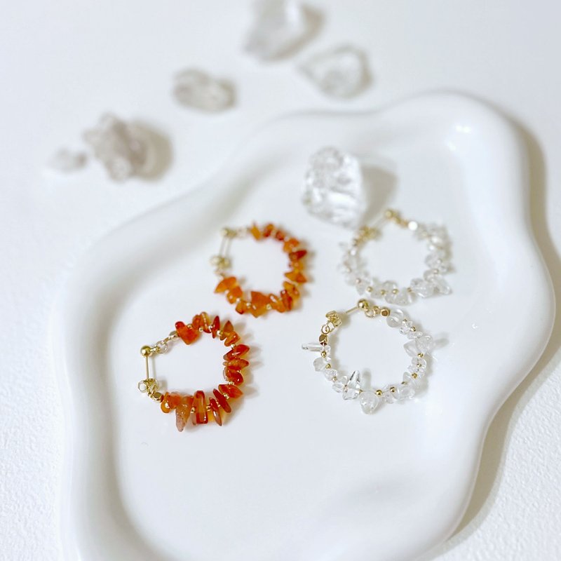 [Morning Sun] Crystal Stone hoop earrings/red agate/white crystal - Earrings & Clip-ons - Crystal Green