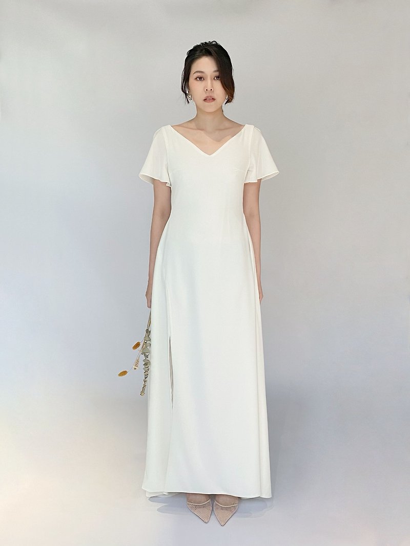 & Philosophy Simple Wedding Dress - Short Sleeve V Neck Slit Dress - One Piece Dresses - Other Materials White