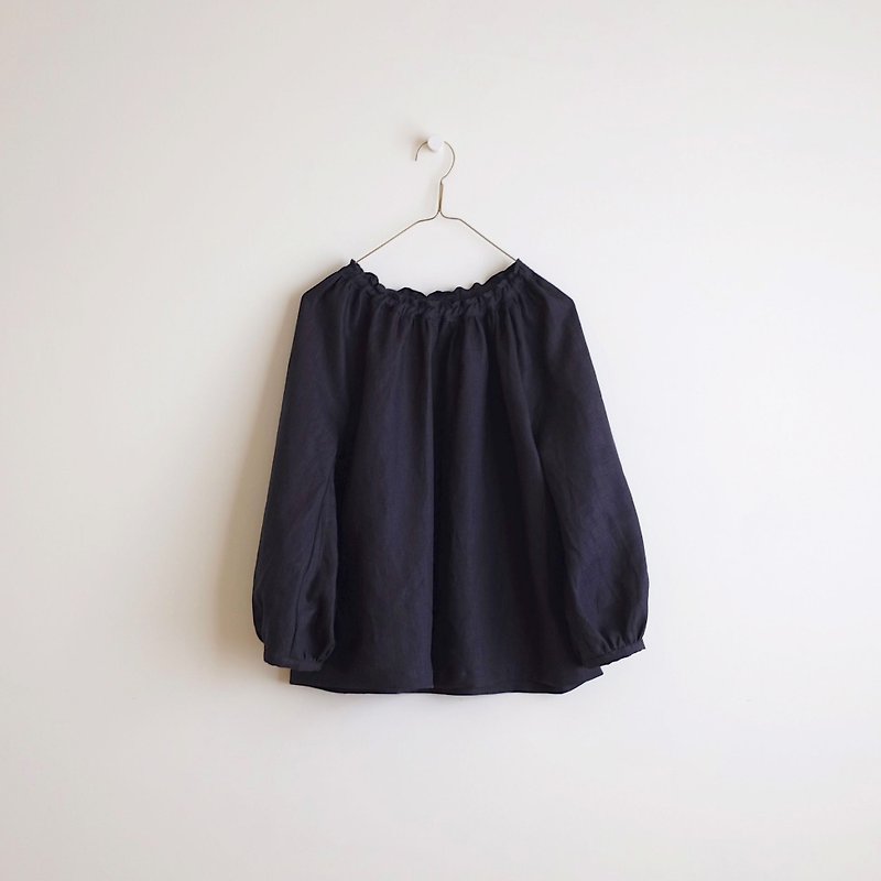 Daily hand clothes, raspberry, puff sleeves, elastic blouse, linen - Women's Tops - Cotton & Hemp Black