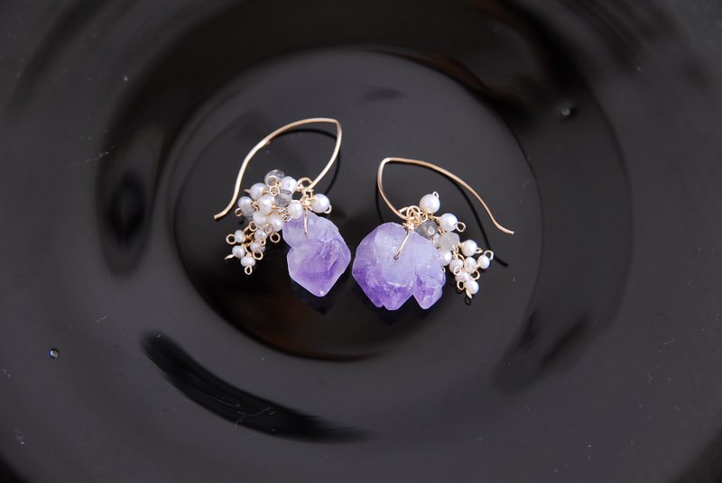 Transformed marquise hook earrings with amethyst points and pearl tassels 14kgf - Earrings & Clip-ons - Semi-Precious Stones 