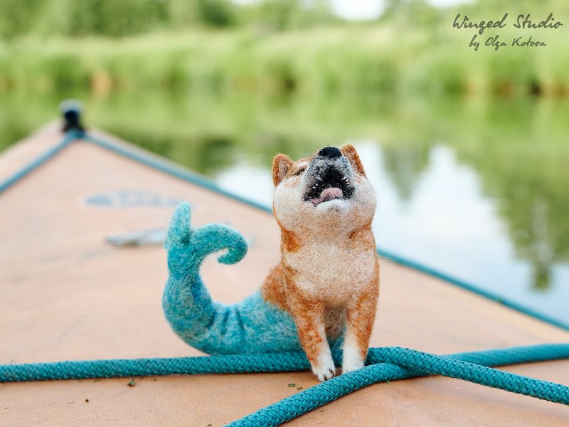 The Shiba Mermaid, funny felted sculpture - Stuffed Dolls & Figurines - Wool Orange