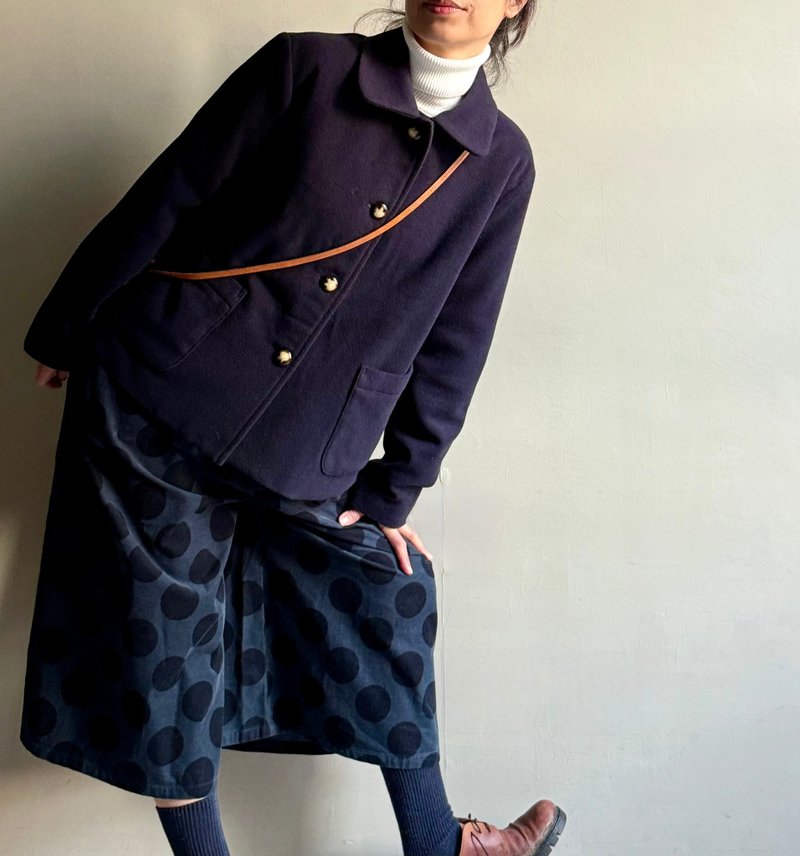 海上情人/學院風義大利製毛料海軍藍排扣翻領短外套/短大衣WOOL - 女大衣/外套 - 羊毛 