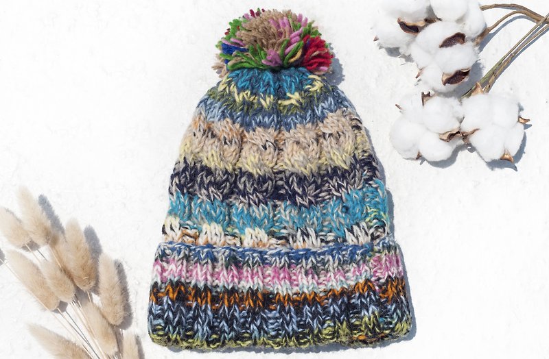 Hand-knitted pure wool hat / knit hat / knitted hat / inner brush hair hand-woven hat - Nordic blue ocean - หมวก - ขนแกะ หลากหลายสี