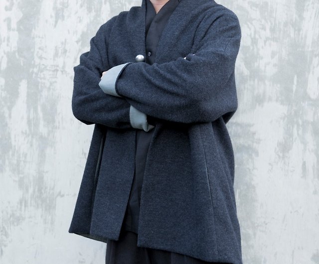 ginkgo collar coat - ramie cotton fabric, coat, color: black-gray