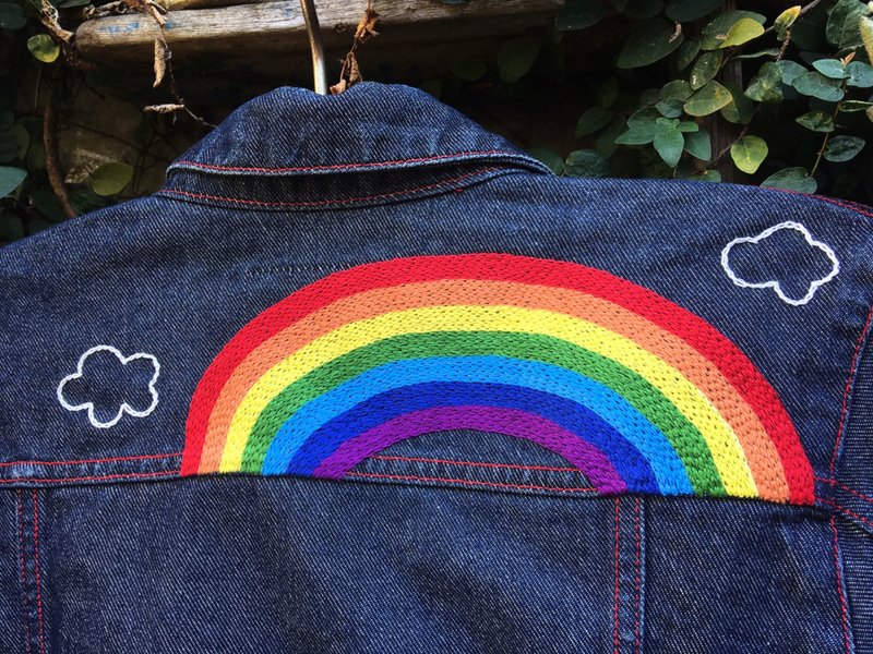 Rainbow embroidery - เสื้อแจ็คเก็ต - ผ้าฝ้าย/ผ้าลินิน สีน้ำเงิน