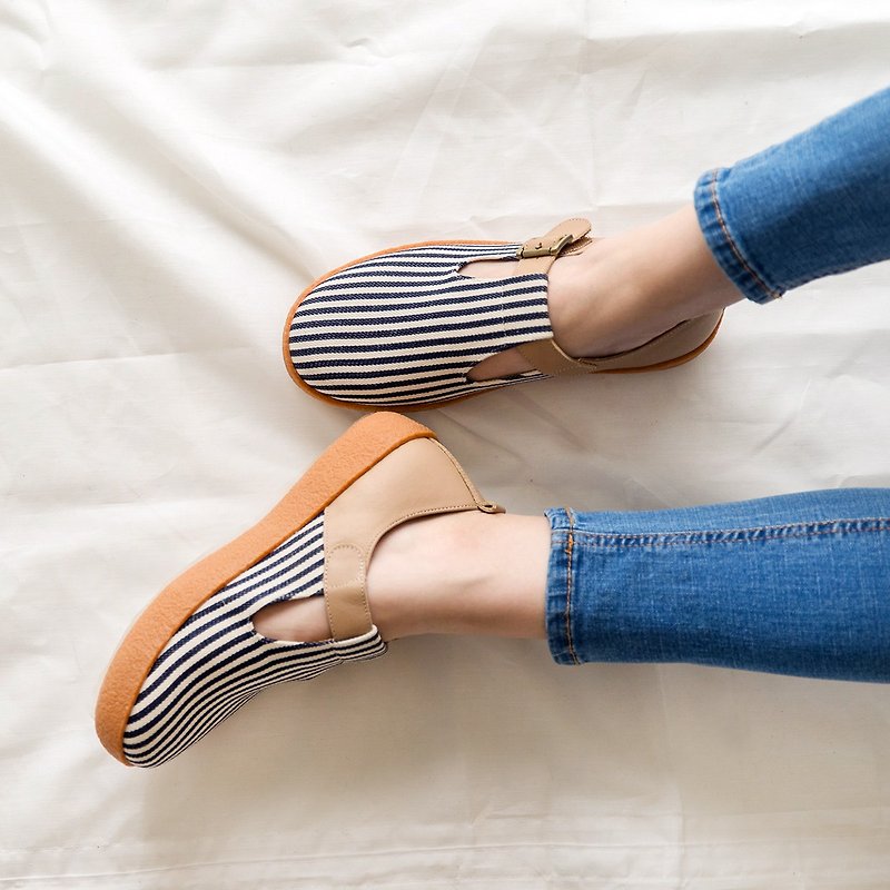 Girls' Everyday Platform Shoes - Navy Stripe - รองเท้าลำลองผู้หญิง - หนังแท้ สีน้ำเงิน